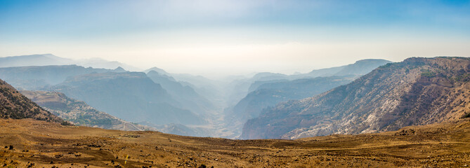 Panoramic view to Valley of Dana reserve - Jordan - obrazy, fototapety, plakaty