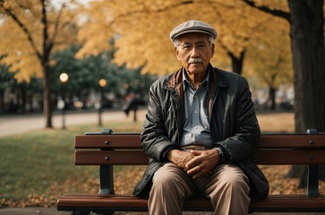 Obraz premium Senior Man Sitting on a Bench in the Park