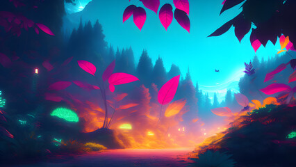 Fototapeta na wymiar AI generated illustration of a glowing illuminated colorful fairy tale forest