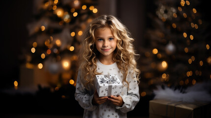 beautiful little blonde girl in a white dress holds a gift box with a ribbon on a background of garlands and snow, winter, new year, christmas, child, kid, childhood, postcard, present, portrait, face