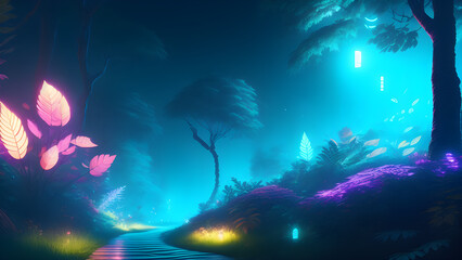 Fototapeta na wymiar AI generated illustration of a glowing illuminated colorful fairy tale forest
