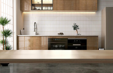 Wooden countertop, table top in modern, luxury kitchen with cabinet, cupboard, white tile...