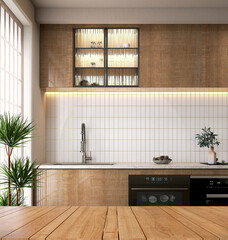 Wooden countertop, table top in modern, luxury kitchen with cabinet, cupboard, white tile...
