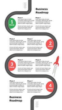 Vertical roadmap with winding road with milestones and rocket on white background. Infographic timeline template for business presentation. Vector.