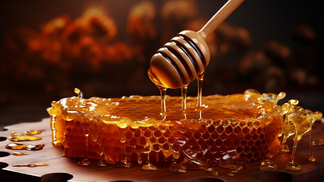 Honeycomb, honey and honey dipper stick