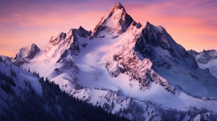  a mountain covered in snow at sunset with a pink sky in the back ground and trees in the foreground.  generative ai - obrazy, fototapety, plakaty