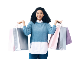 Happy woman, portrait and shopping bag for discount or sale promo isolated on a transparent PNG background. Female person or shopper smile with gift bags for purchase, buying or store promotion
