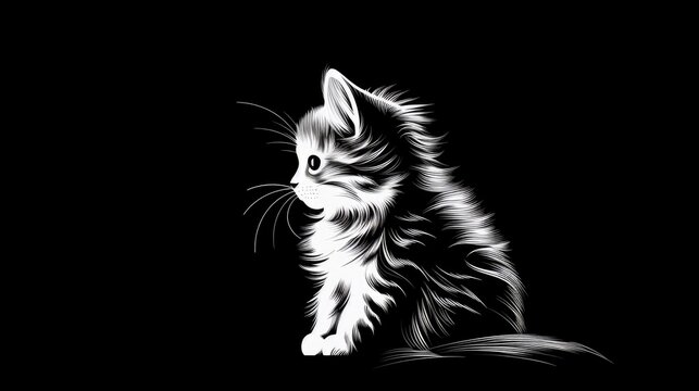  a black and white picture of a cat on a black background with a white outline of a cat on the right side of the image.  generative ai
