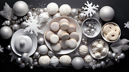  a table topped with plates and bowls filled with different types of desserts next to snowflakes and snowflakes.  generative ai