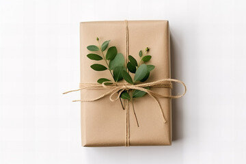 stylish minimalist gift box made of hemp string with ribbon and decorated with eucalyptus on a white background flat lay