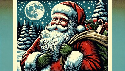 Old World Charm: Santa Claus in Snow with Moonlit Sky in Woodcut Art Style, Perfect for Christmas Eve