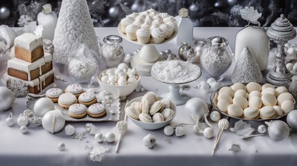  a white table topped with lots of different types of desserts and pastries on top of a white table cloth.  generative ai