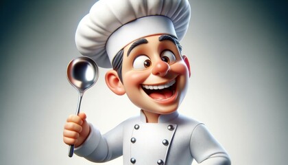 Animated Movie Style 3D Caricature of Joyful Chef Holding Silver Ladle Ready for Gourmet Cooking