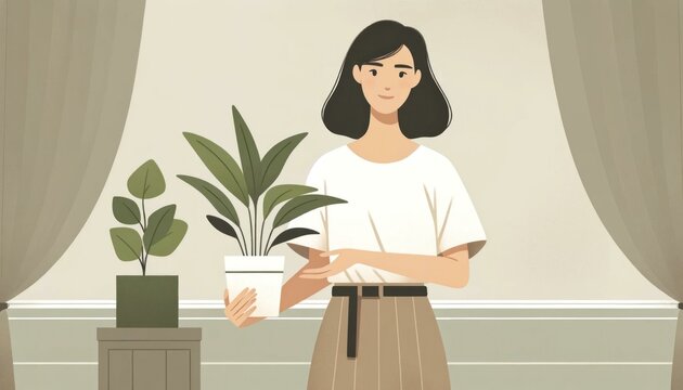 Content Woman Presenting a Vibrant Potted Plant in a Simple Neutral-Colored Home Environment