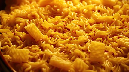  a close up of a bowl of macaroni and cheese with red stuff on the top of the noodles.  generative ai