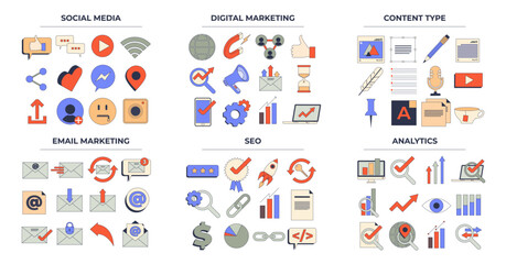 Digital marketing set with ads campaign retro style elements collection. Business email messaging, social media, content type, SEO and analytics groups with icons and symbols vector illustration.