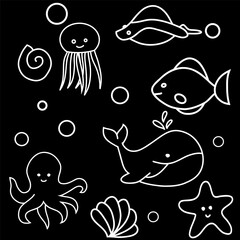 Hand drawn art illustration set of cartoon underwater animals