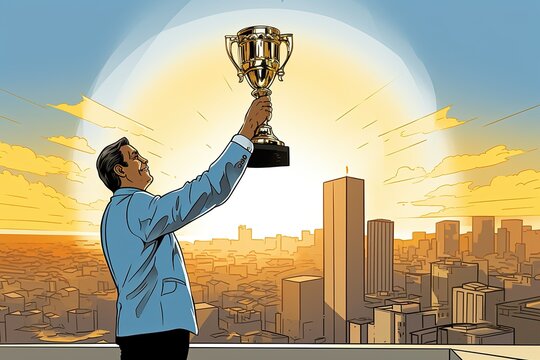 businessman holds up golden trophy. business success concept. Building and city background