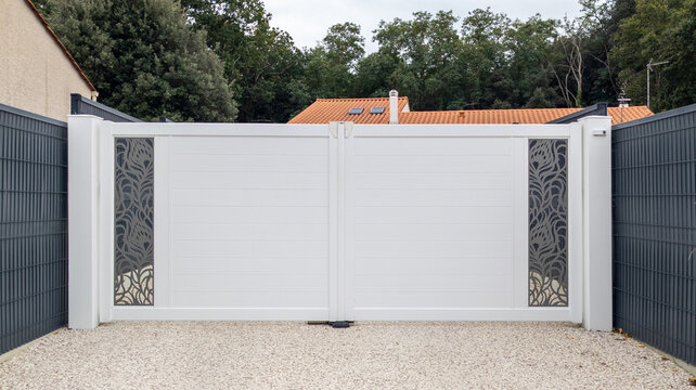 Aluminum white steel modern gate sliding new portal of suburb house door