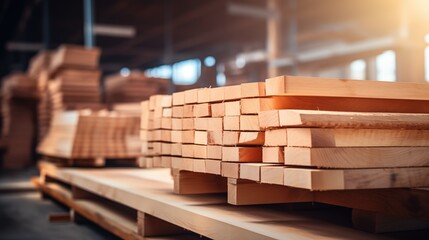 Stack of wooden planks in a warehouse.