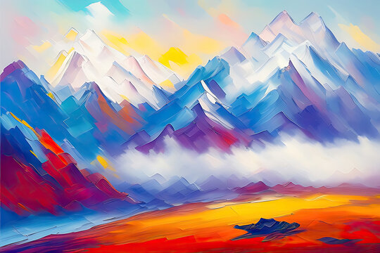 Contemporary Digital Oil Painting of Mountain Landscape in Vibrant Colors