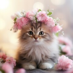 Cute cat  the background is flowers