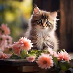Cute cat  the background is flowers