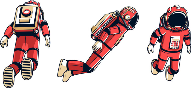 Flying astronaut in a spacesuit, rear, side, front view. Cosmonaut in outer space - vector illustration in comics style.