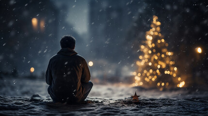 Man sitting on the snow and looking at christmas tree at night