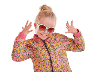 Child, portrait or fashion sunglasses for style, cool and trendy vision on isolated, transparent...