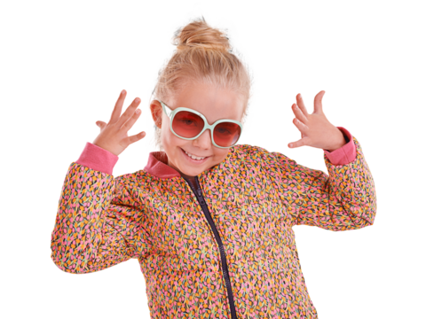 Child, portrait or fashion sunglasses for style, cool and trendy vision on isolated, transparent and png background. Face, girl or happy kid with summer optometry, ophthalmologist and eye care frames - Powered by Adobe