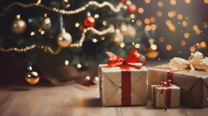 Decorated Christmas tree and gift boxes animated background