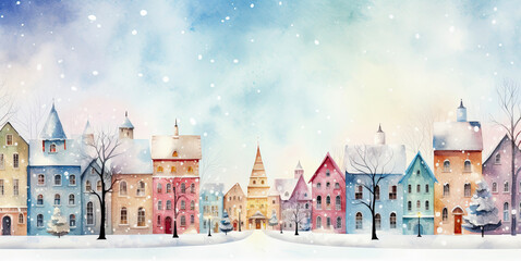 Picturesque Watercolor Landscape - Winter Village.