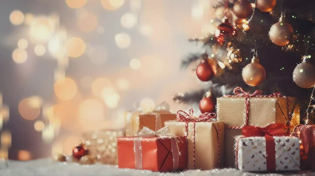 Decorated Christmas tree and gift boxes animated background