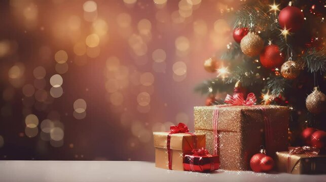 Decorated Christmas tree and gift boxes animated background