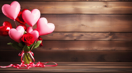 Fototapeta na wymiar Bouquet of roses plus heart-shaped balloons on a wooden background. Love and Valentine's Day concept.