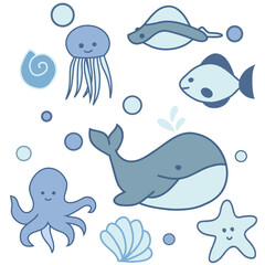 Hand drawn art illustration set of cartoon underwater animals