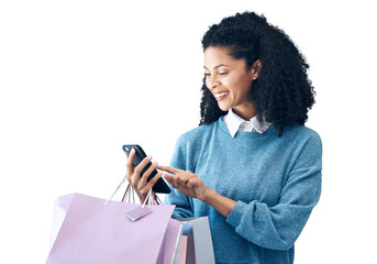 Happy woman, phone and shopping bag for deal, discount or sale isolated on a transparent PNG...