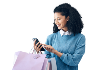 Happy woman, phone and shopping bag for deal, discount or sale isolated on a transparent PNG background. Female person or shopper smile with mobile smartphone for online payment, banking or purchase