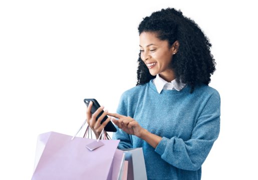 Happy woman, phone and shopping bag for deal, discount or sale isolated on a transparent PNG background. Female person or shopper smile with mobile smartphone for online payment, banking or purchase