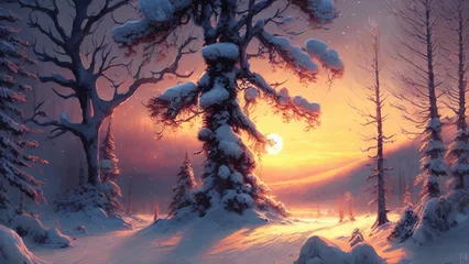 Fotobehang AI generated illustration of a winter landscape with trees covered in snow at sunset © Wirestock