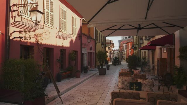 Street Alleyway Bar In Vlore Old Town In Albania, Tourist travel Destination