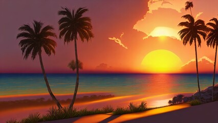 Fototapeta na wymiar AI-generated illustration of an idyllic sandy beach with palms at sunset