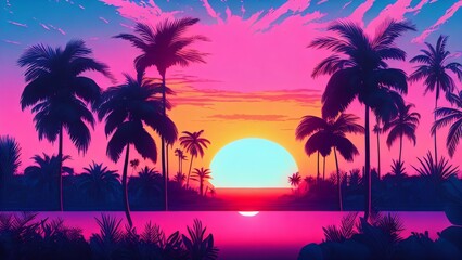 Fototapeta na wymiar AI-generated illustration of a purple seascape with palms and a sunset