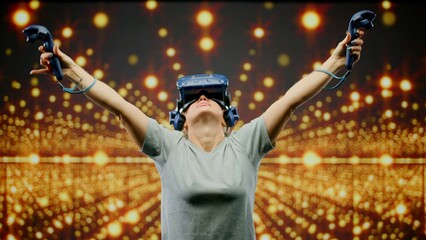 The beautiful woman wearing VR headset dancing in virtual reality. Led screen with blur background...