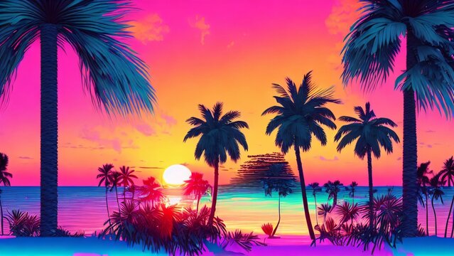 AI-generated illustration of a seascape with palms and a sunset