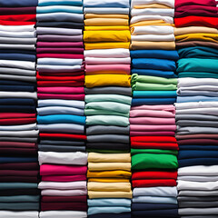 Colored multi-colored T-shirts lie in a stack.