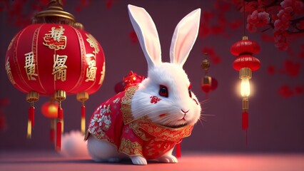 AI generated illustration of a rabbit in Chinese traditional clothes and lanterns in the background