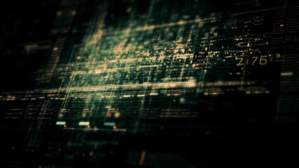 Immersive data matrix simulation UI with cutting-edge digital environment with a dynamic and immersive display of interconnected data matrix information networks systems background