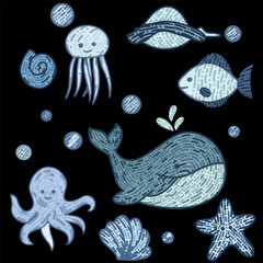 Hand drawn art illustration set of cartoon underwater animals